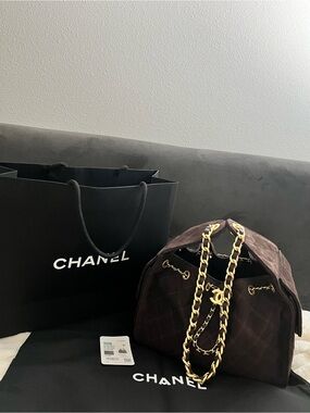 Dark Brown Quilted Suede Bucket Bag with Gold Chain